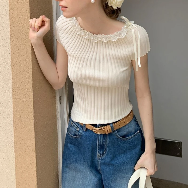 

Lace Lace Straight Shoulder Sleeveless Pit Strip Knit Sweater Women's Summer Short Niche Slim Temperament T-shirt Top