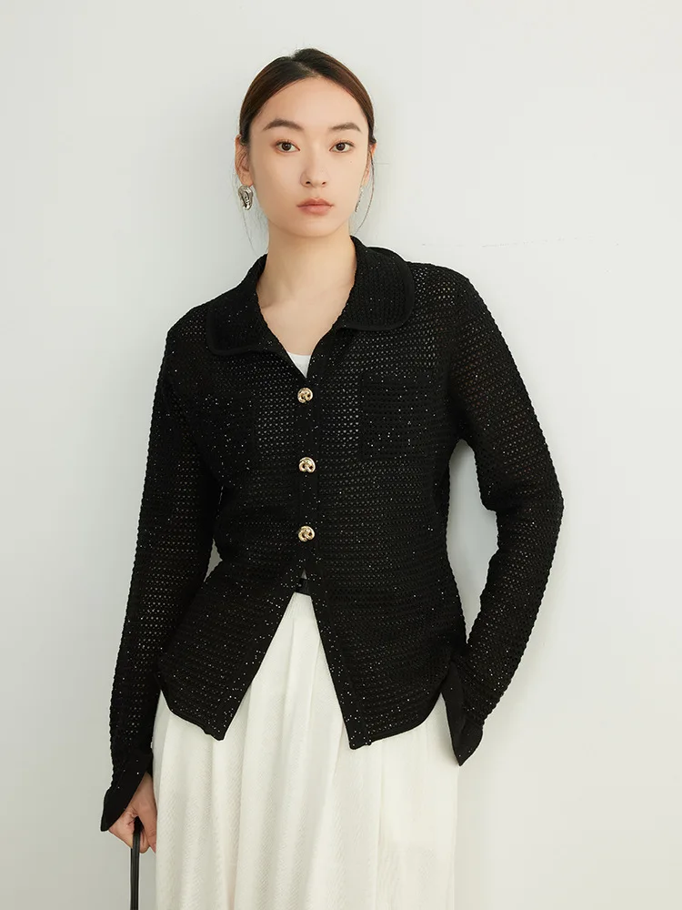 SuyaDream, Women Black Cardigans, 32.4%Wool, Turn Down Collar, Hellow Out Chic Sweaters, 2024 Fall Winter Jackets