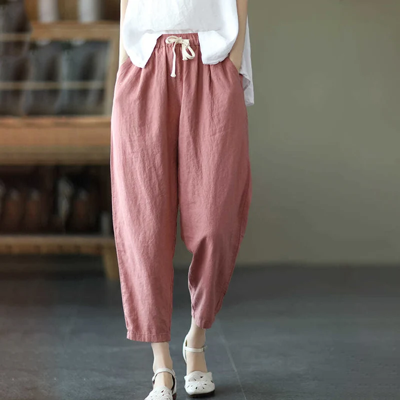 

Summer Casual Cotton Linen Pants Women Retro Pockets Loose Harem Pants Woman Solid Elastic Waist Trousers Female