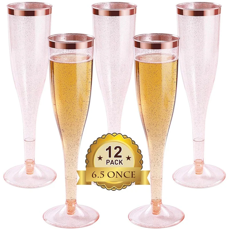 Plastic Champagne Flutes With Rose Gold Glitter And Rose Gold Rim Reusable Disposable Mimosa Glasses For Party