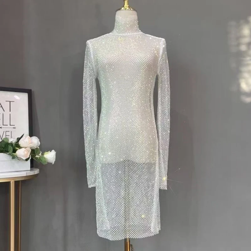 Damen Glänzendes Strass-Mesh-Midikleid mit Rollkragen, Langen Ärmeln, Durchsichtiges Bodycon-Kleid, Sexy Schlankes Party-Nachtclub-Abendkleid – Detail 4