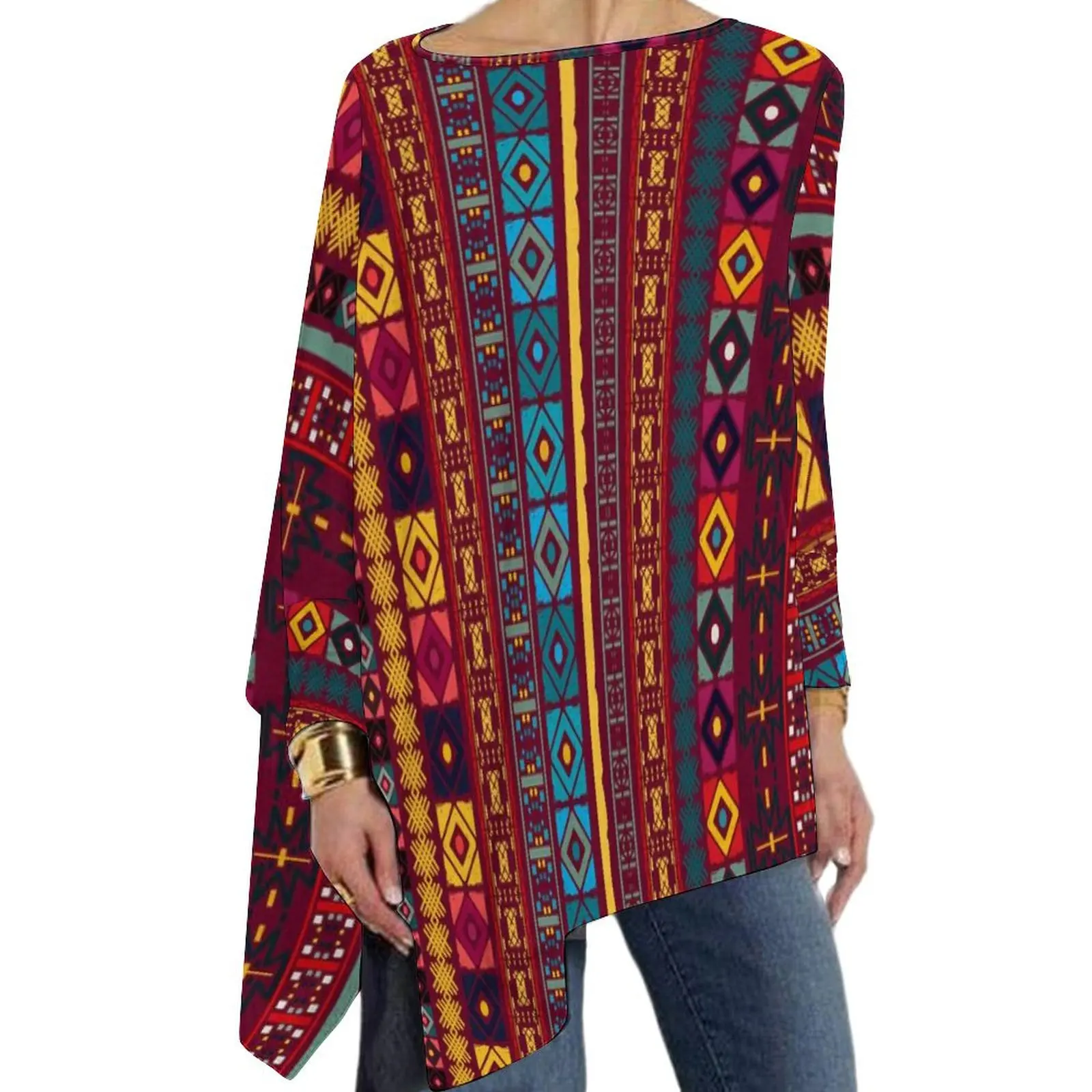 Tribal Print T-Shirts Vintage Ethnic Boho Pretty T-Shirt Ladies Long-Sleeve O Neck Fashion Tshirt Big Size Design Top Tees