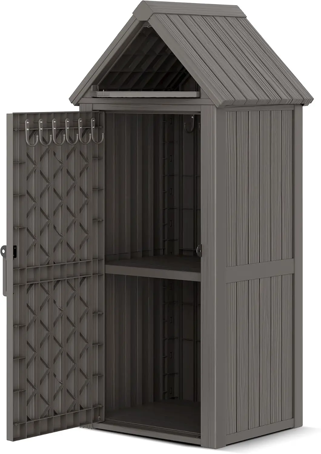 Outdoor Storage Shed Waterproof Resin Cabinet Sloping Roof Lockable Door Ample Space Multiple Hooks Backyard Patio Garden Lawn C