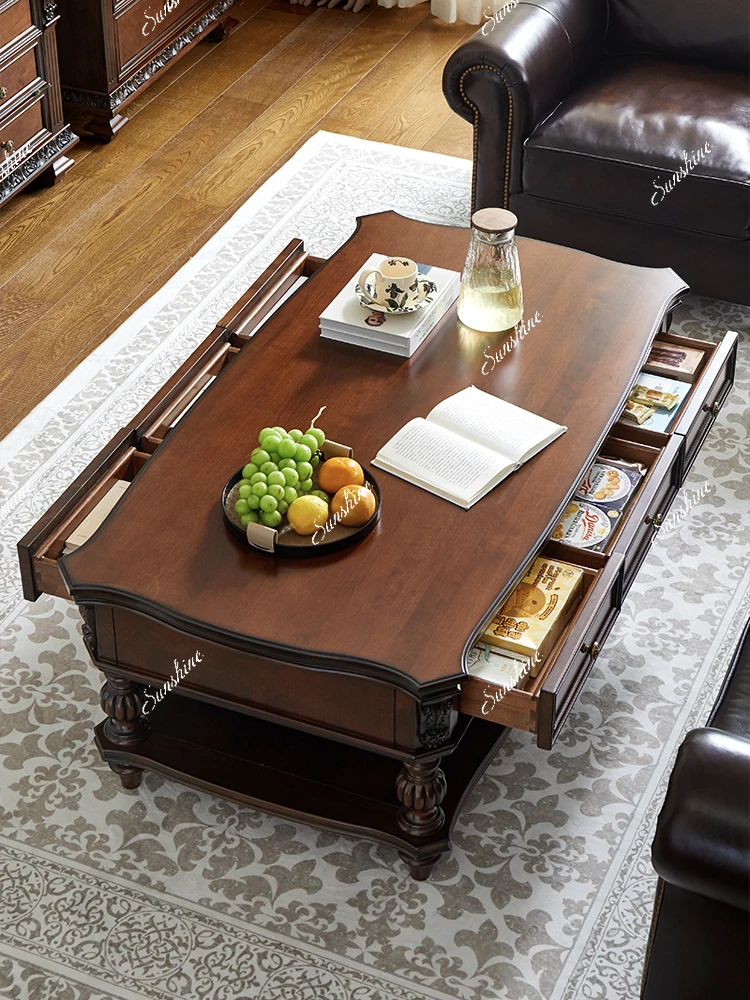

American rural pure solid wood coffee table double-layer retro living room home large apartment furniture FT