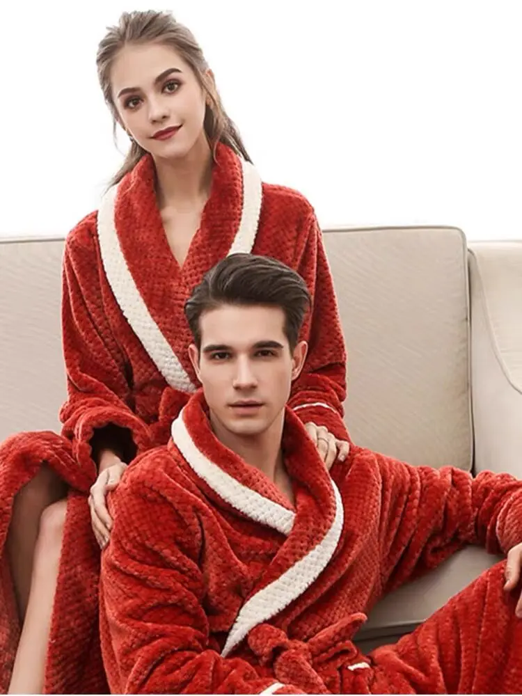 Men Winter Thick Luxury Elegant Flannel Robes Bathrobes Couple Lovers Trendy Belt Pocket Warm Sleepwear Homewear Long Nightwear