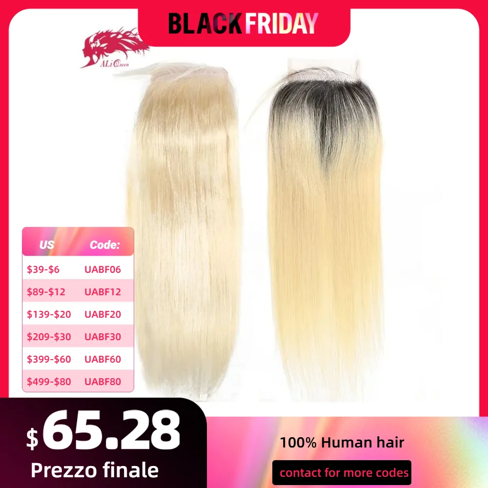 Ali Queen Hair Brazilian Virgin Hair Blonde 613/1B613 Lace Closure Straight Hair Closure Pre-Plucked 130% 4X4/5x5 Free Part