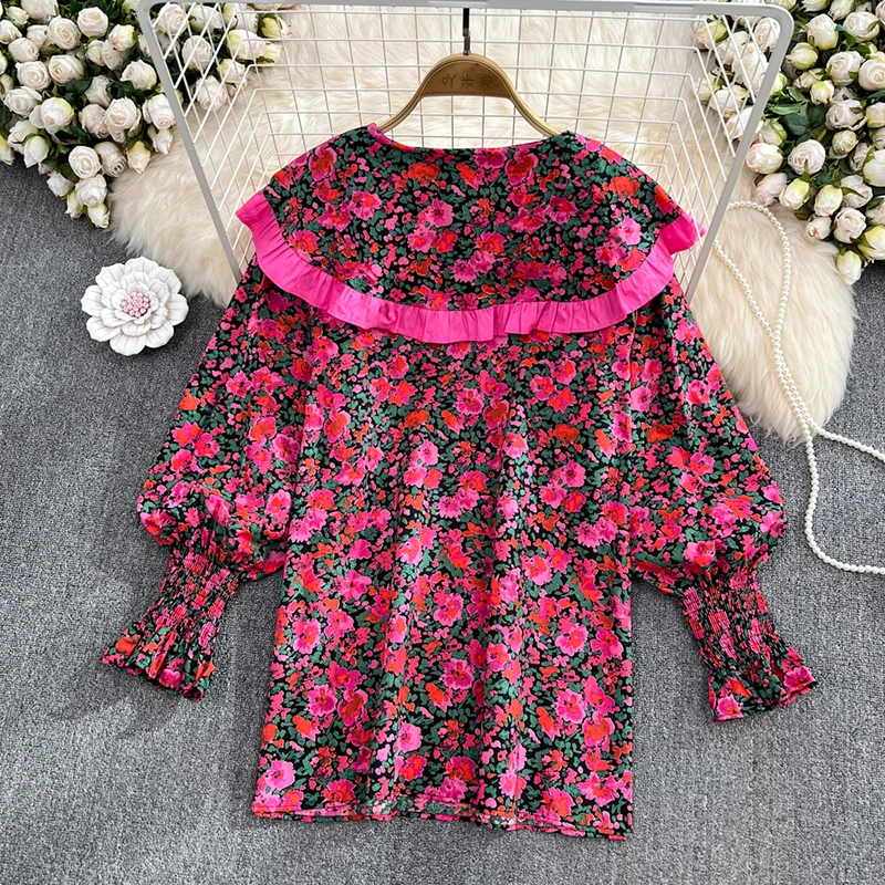 autumn 2023 Korean Version Sweet Ruffle Large Lapel Loose Long Sleeve Floral Shirt Women\'s Elegant retroTop Chic