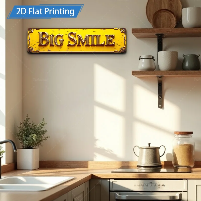 [2D FLAT] قطعة واحدة من اللافتات المعدنية، مقاس 4 × 16 بوصة باللون الأصفر القديم "BIG SMILE" علامة معدنية لتزيين الحائط