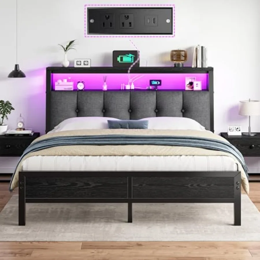 

Queen Bed Frame with LED Lights Grey Upholstered Headboard with Charging Station Type Cand 2-Tier Storage Shelves Metal Platfor