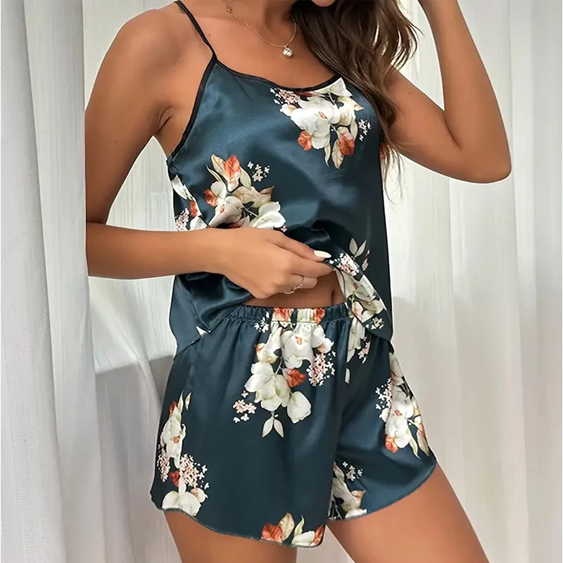 2 PCS Women Pajama Sleepwear Pajama Set Short-Sleeved Shorts Suit S M L Green Flower Print Ventilate Home Leisure Comfort Casual