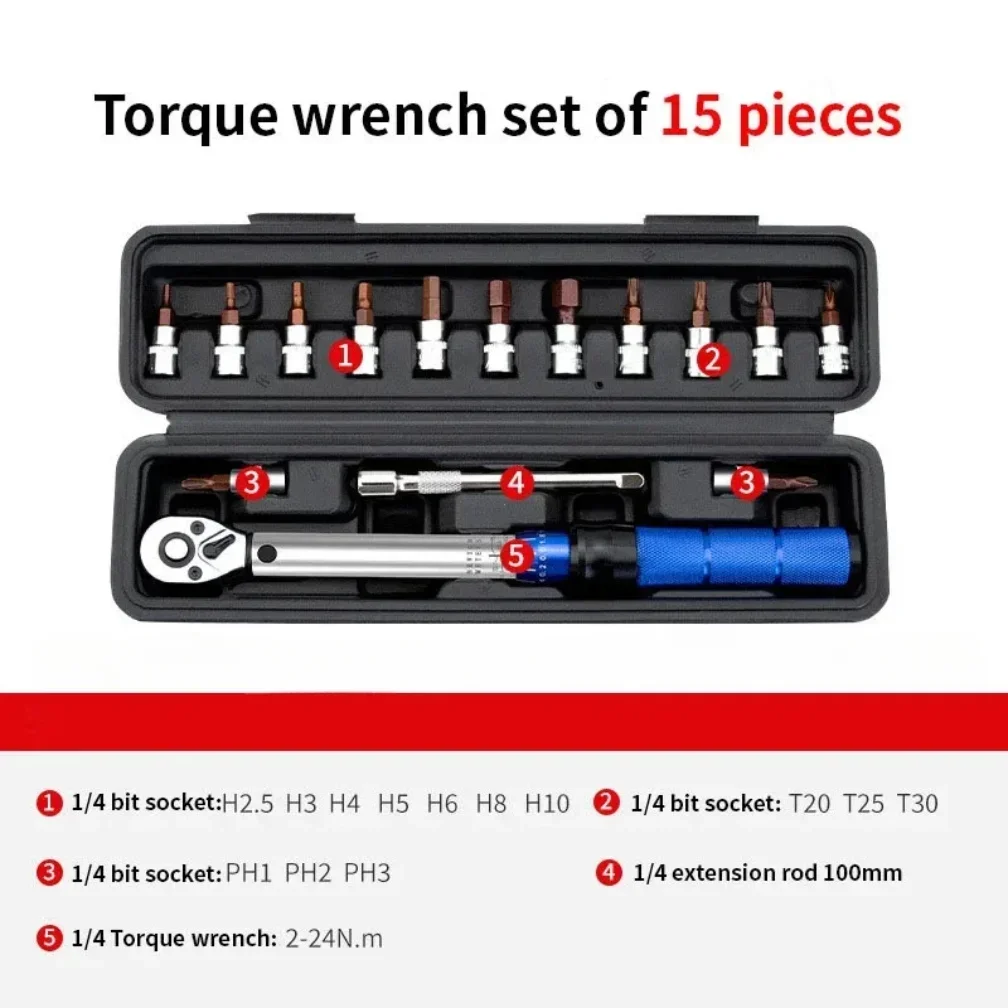 15-Piece Bicycle Torque Wrench Set 1/4