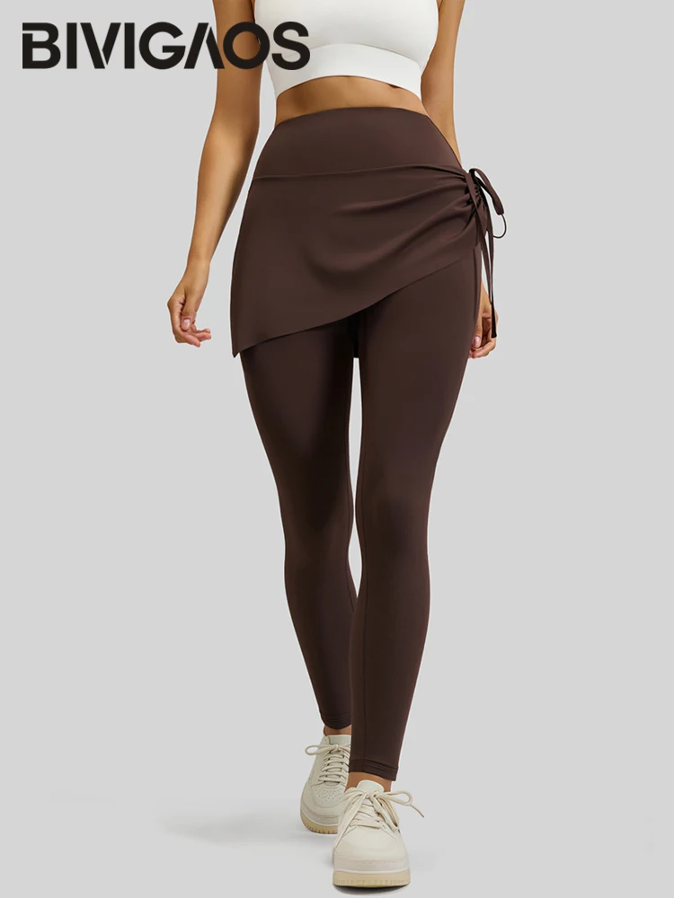 BIVIGAOS New Spring Drawstring Pleated Yoga Leggings Skirt Pants Fake Two Piece Women High Waist Elastic Sports Fitness Leggings