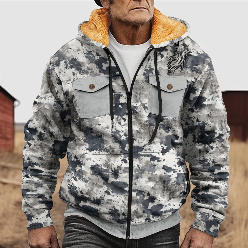 Men's winter coat jacket camouflage print retro trend thick and warm, essential for outdoor travel