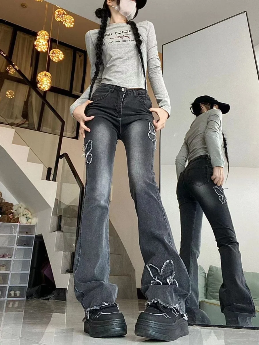High Waist Bell Bottom Embroidered Denim Jeans Women's Summer New Style Slim Straight Floor Length Pants Vintage 