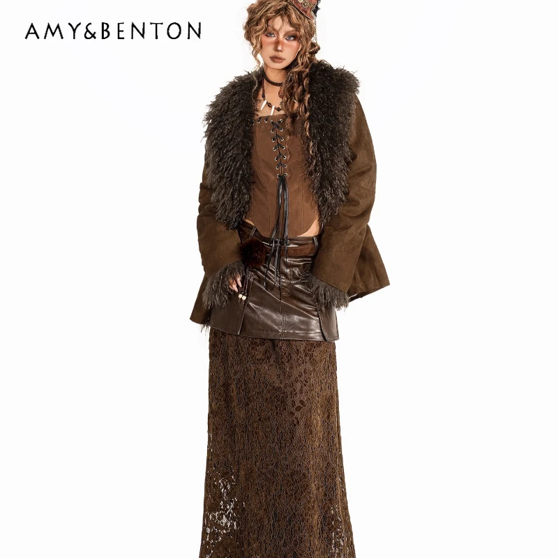 

Осень-зима, новый дизайн, женское пальто из овчины с экологически чистым мехом, американское ретро пальто из овечьей шерсти, замша, воротник из искусственного меха, женские пальто