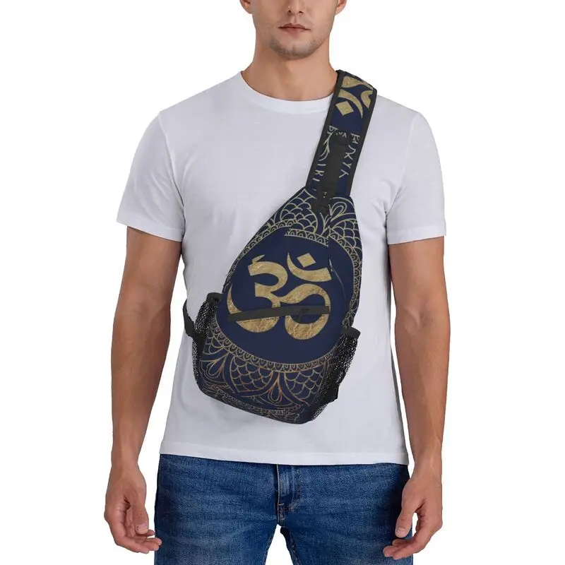 Gold Om Mandala Sling Chest Bag Buddhism Aum Yoga Meditation Crossbody Shoulder Backpack for Men Cycling Camping Daypack