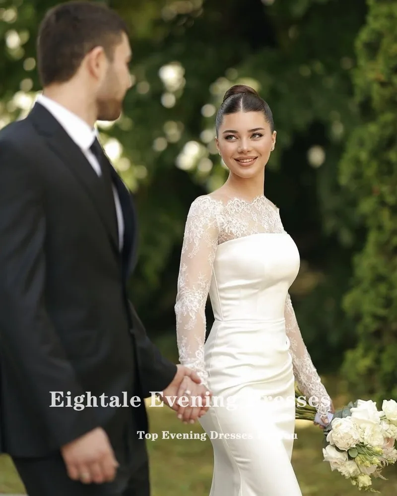 Eightale Boho Wedding Dresses Strapless Lace Long Sleeves Satin Customized Mermaid Bridal Gowns vestidos de novia image 5