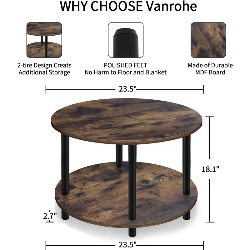 Small Round Coffee Table for Small Space, 23.5" 2-Tier Rustic Brown Wooden Coffee Table with Open Storage for Living