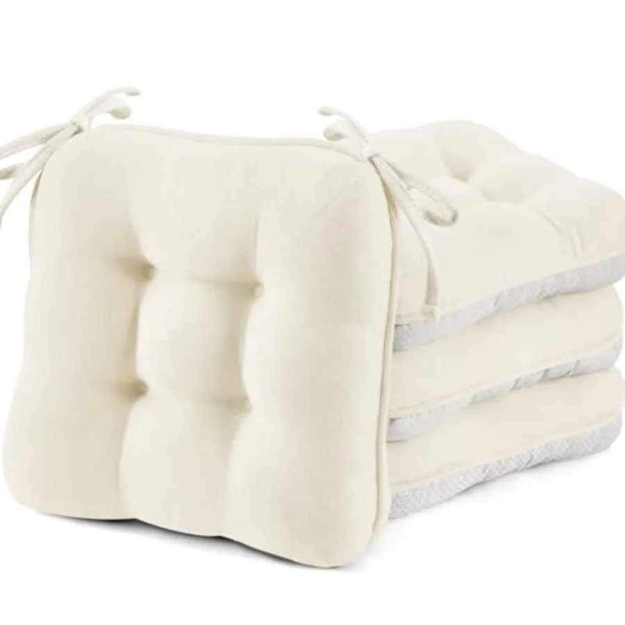 

White Chair Cushions for Dining Chairs Set of 4, 3.5" Thick Kitchen Table Chair Pads with Ties, Non Slip Backing and Covers, Se