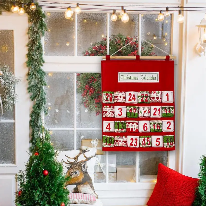 Fabric Advent Calendar with Pockets Hangable Countdown Calendar Christmas Advent Calendar Candy Bags Hangable Christmas Holiday