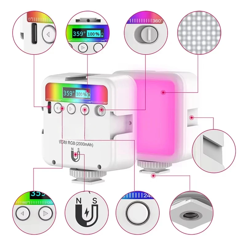 VL49 Full Color RGB LED Video Light 2500K-9000K 800LUX Magnetic Mini Fill 3Cold Shoe 2000mAh Type-C Camera Accessories