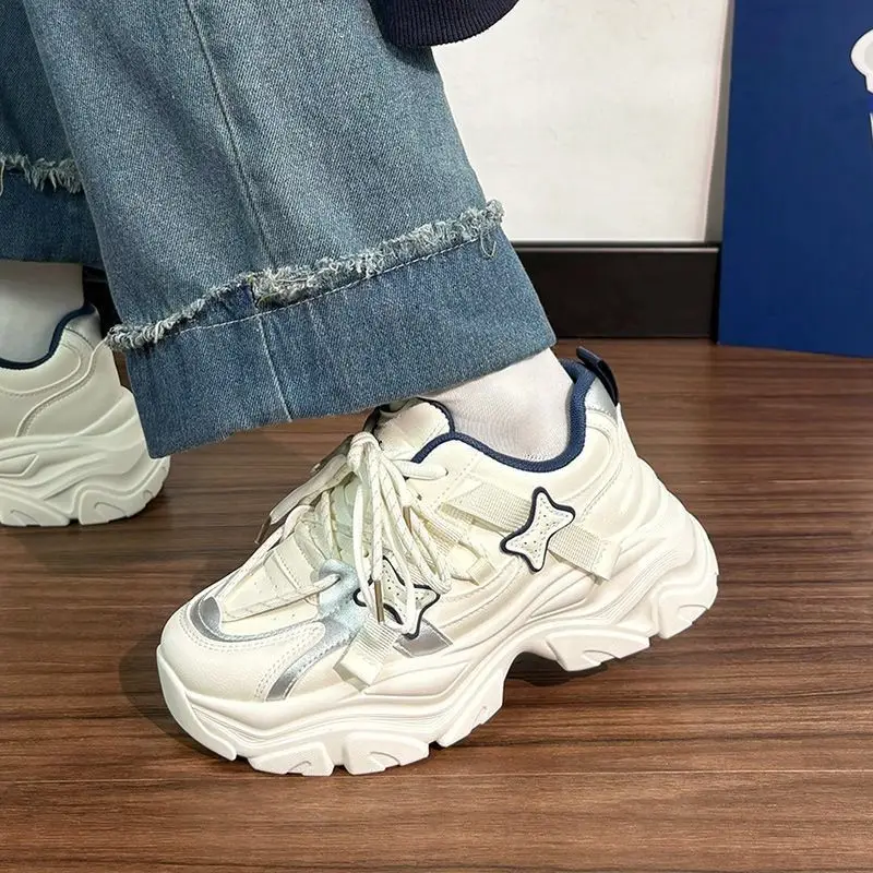 Women's Shoes Thick Sole Dad Shoes Lightweight Sport Casual Leather Upper Korean Style Campus Style All Season Plain Versatile