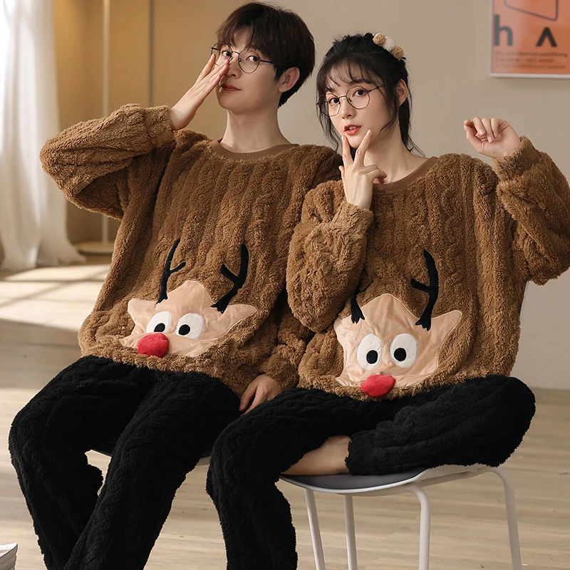 High Quality Flannel Sleepwear Winter Thick Warm Nightwear Couple Coral Fleece Home Wear