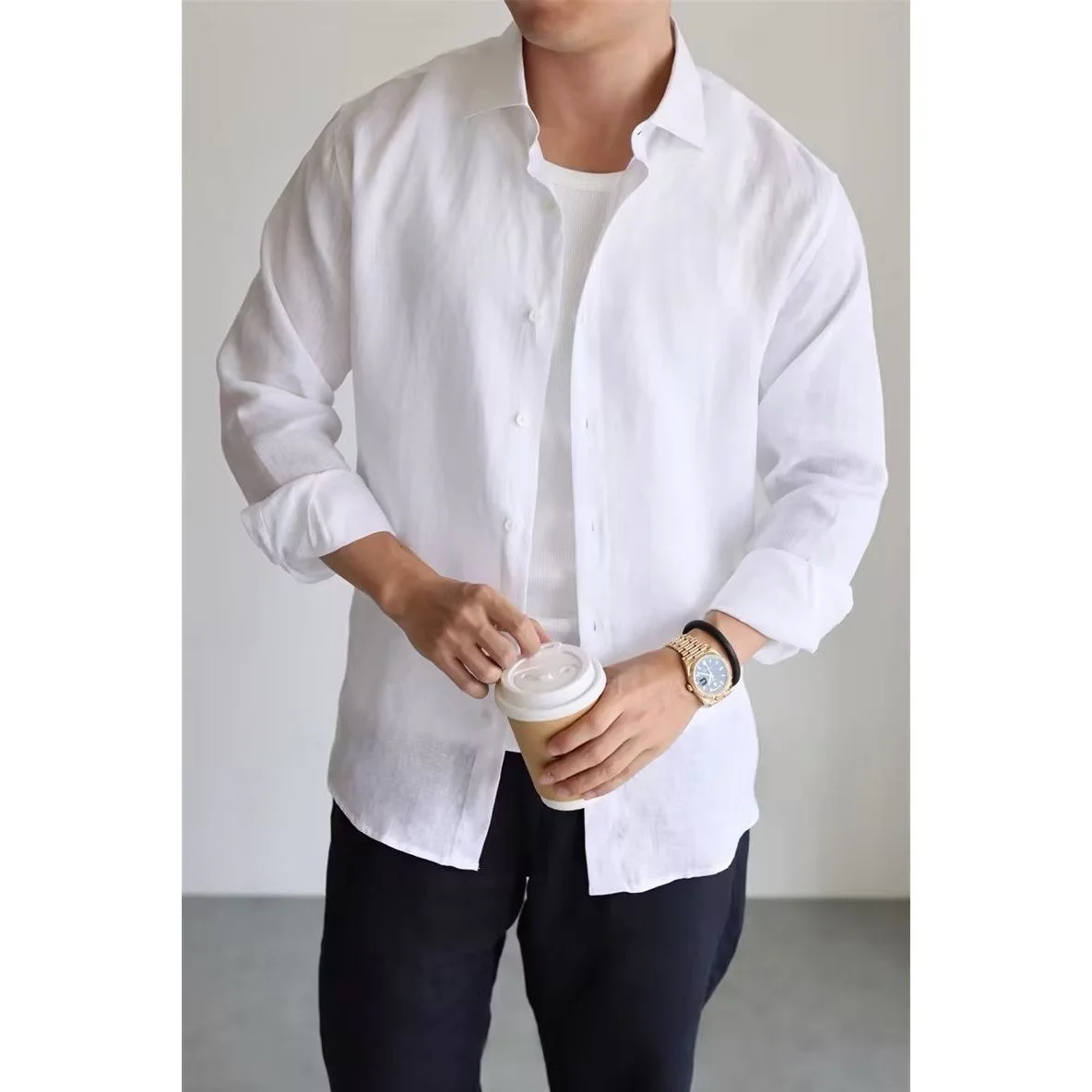 Trendy Linen Long Sleeve Shirt Men's Casual Commute Versatile Breathable Moisture Wicking Jacket Top Youth Popular Loose Fit
