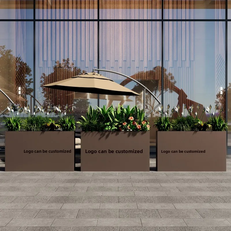 Outdoor three-dimensional flower box, square green flower bed, coffee shop street commercial stainless steel flower trough