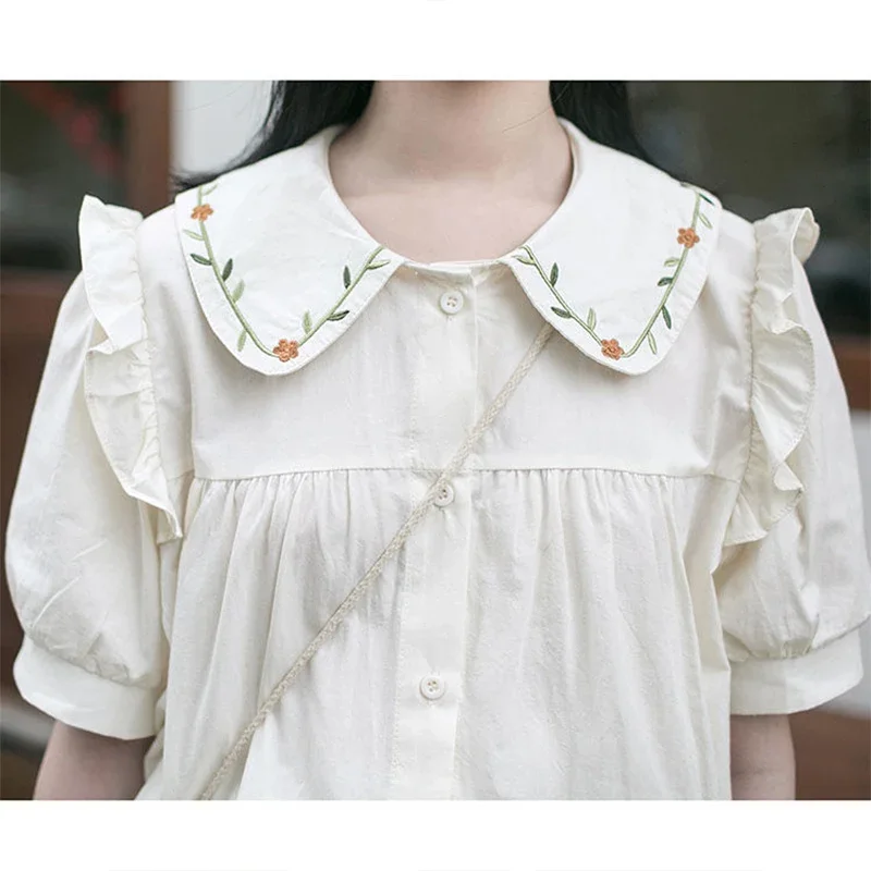 Academy Style Doll Neck Women\'s Top Embroidered Sweet Shirt 2024 Summer New Design Versatile Japanese Style Shirt for Women