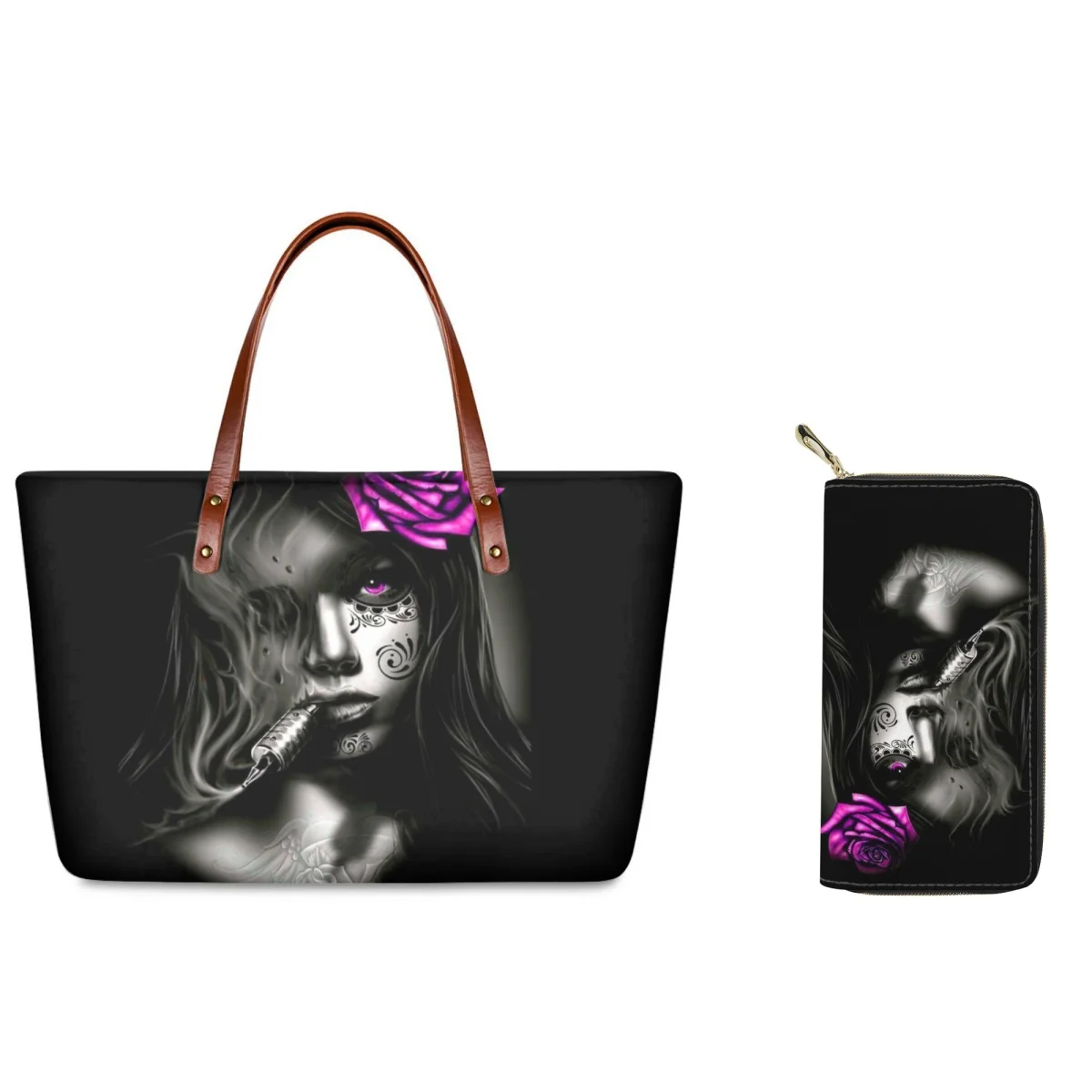 

FORUDESIGNS Grim Goth Girl Tote Bag High Street Fashion Sugar Skull Wallet Handbag Combination Two Pack Large Bags Organizer