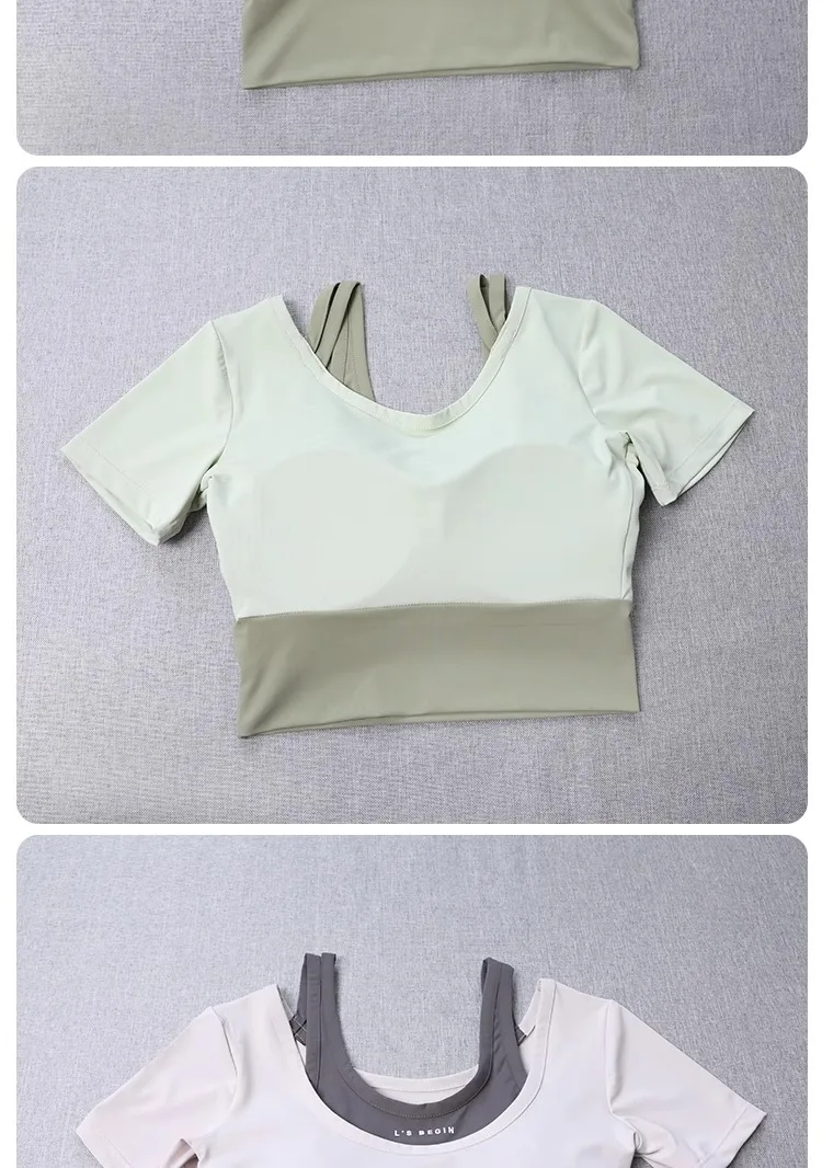 2-in-1-BH mit integriertem BH für Damen, enges Yoga-Oberteil, schnell trocknendes, kurzes Trainingsshirt, Sommer-Fitness-Training, kurze Ärmel – Detail 5