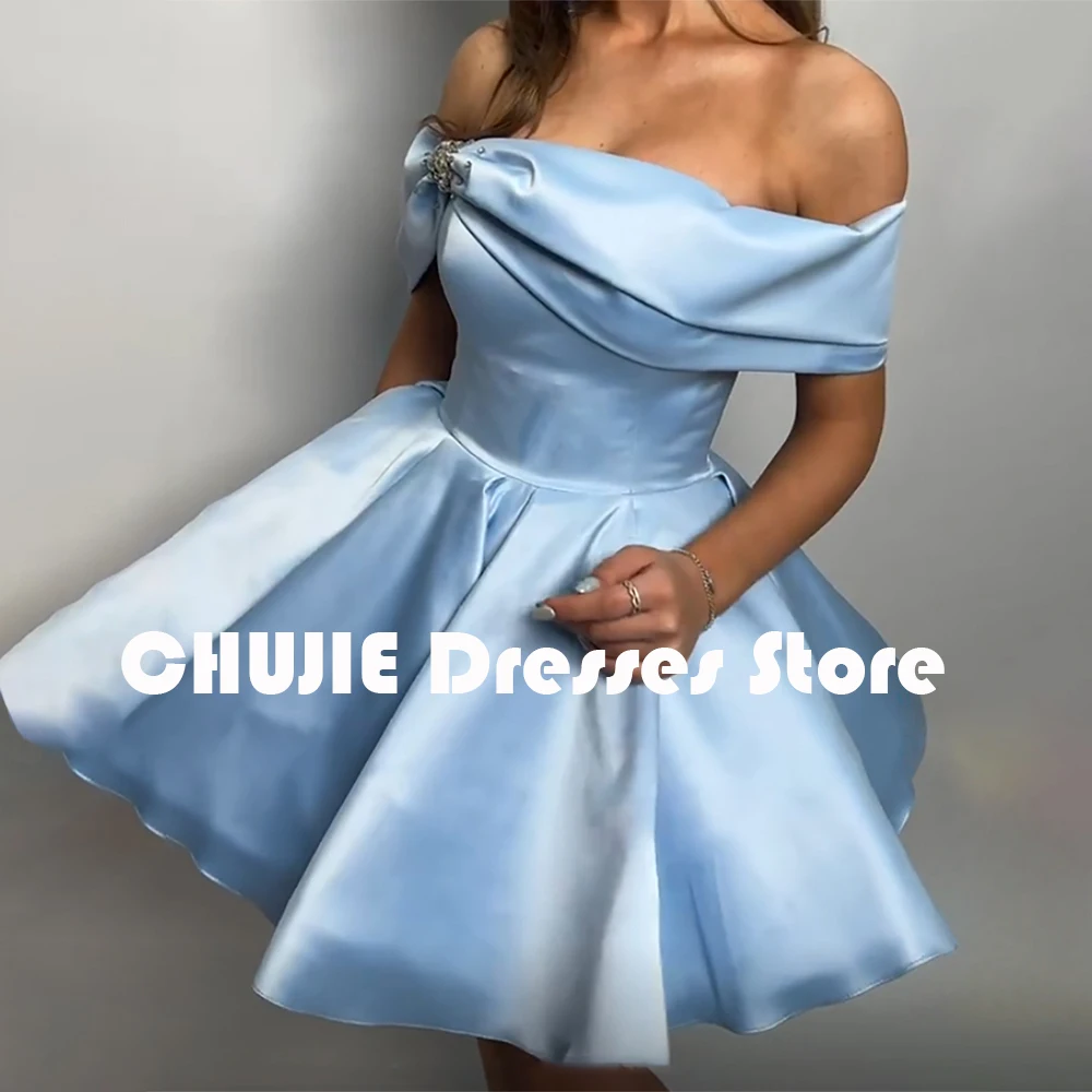 

Light Off Shoulder Satin Graduation Dress For Girls Mini Cocktail Dresses Homecoming Dresses Customized Pleated Prom Party Gown