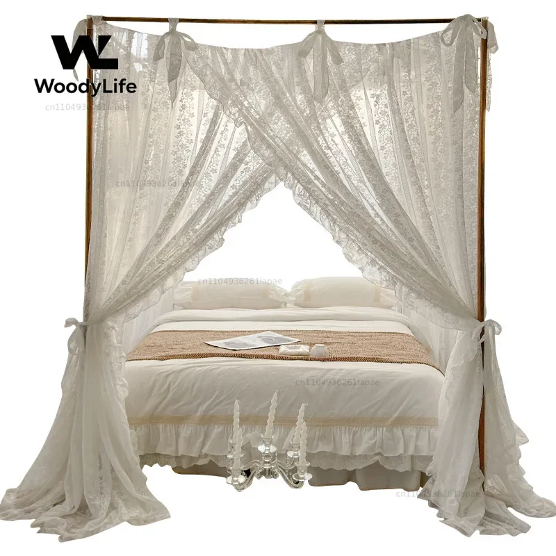 Summer French Lace Floor Mosquito Net Princess Style High-end Court Three-door Encrypted Bedspread Thickened