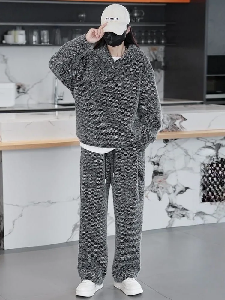 

Мужской комплект спортивной одежды с начесом: худи свободного кроя и брюки с широкими штанинами, осенне-зимняя новинка