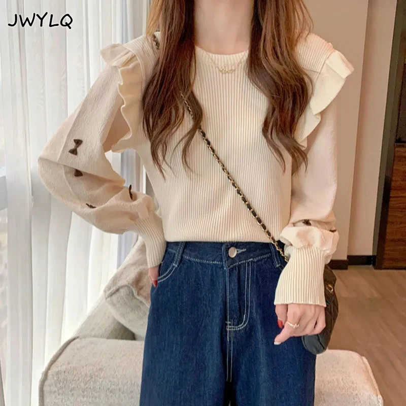 Korean Ruffles Bow Tie Pullover Sweater Women Fashion O-neck Long Sleeves Loose Preppy Style Knitted Sweater Slim Women Sweater