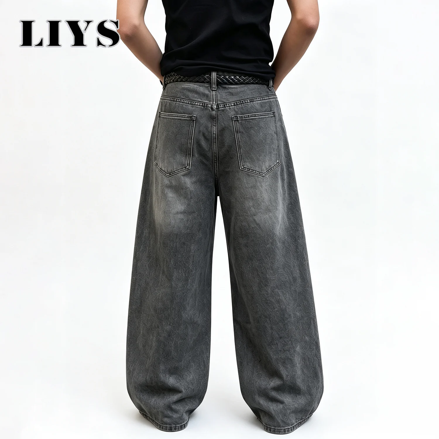 Men Skull Graphic Print Wide Leg Baggy Jeans Vintage Faded Grey Wash Loose Oversized Denim Pants Streetwear Casual Long Trousers