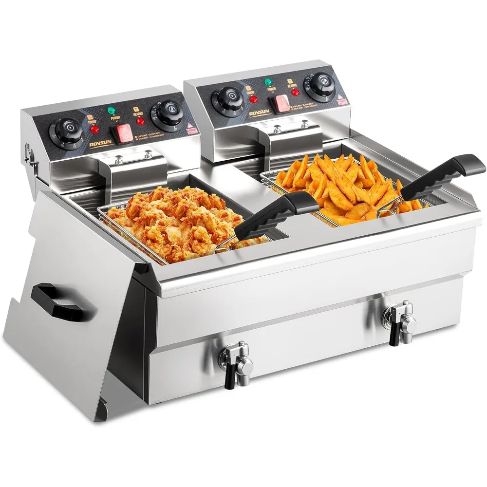 

Электрическая фритюрница 24,9QT с корзинами для жарки, таймером, дренами и крышками, коммерческая жарочная машина с двойным резервуаром на кухонной столешнице
