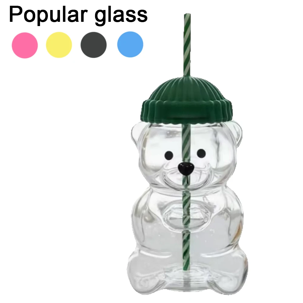Tasse en verre ours mignon, paille rayée à couvercle vert, tasse de récipient populaire de boisson animale transparente pour jus de café, offre spéciale