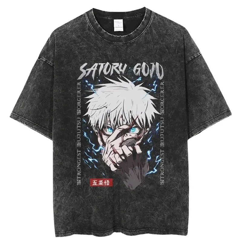 Anime Jujutsu Kaisen T Shirt Vintage Washed T-shirt Gojo Satoru Graphic Print T-Shirt 100% Cotton Summer Retro Short Sleeve Tees