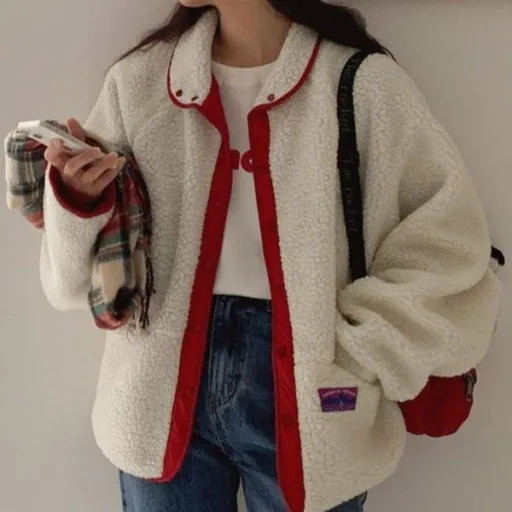 

Chic Winter Vintage Double-Sided Wear Lamb Fur Short Coat Casual Warm Women's Cotton Jacket Korean Style Straight Cut Thickened