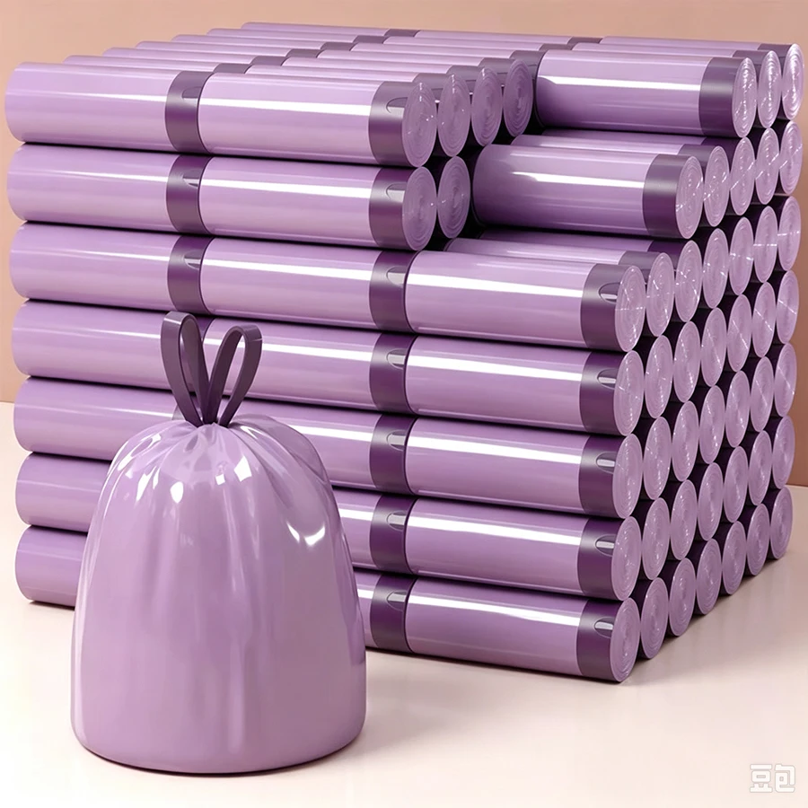 1 Rolle (100 Stück) Lila Müllbeutel mit Kordelzug, dicke, strapazierfähige Müllsäcke, auslaufsichere Müllbeutel für Küche, Bad und Haushalt – Detail 2