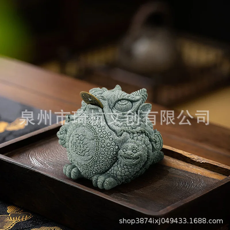 Chinese-style lucky treasure Jinchan blue sand stone ornament store opening housewarming gifts home tea table tea pet decoration