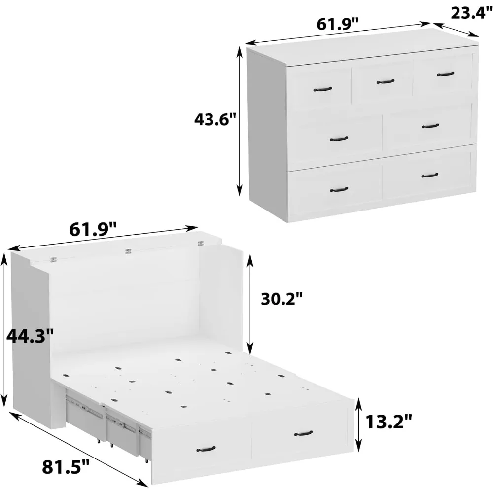 Multi-Functional Murphy Cabinet Bed, Bed Frame Murphy Bed Chest with Built-in Power Strip & Drawers, Foldable Platform Bed