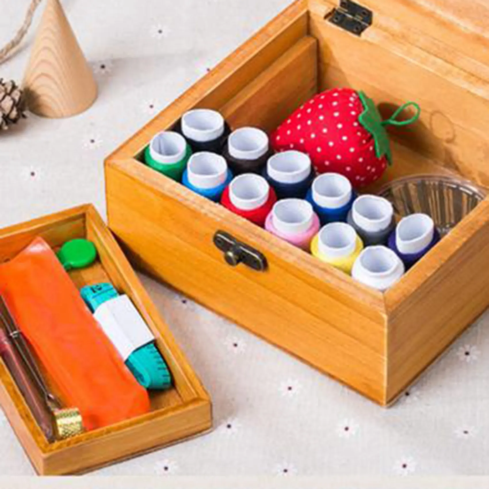 

【ORNAMENT】2X Wooden Sewing Box Sewing Accessories Supplies Kit Workbox For Mending