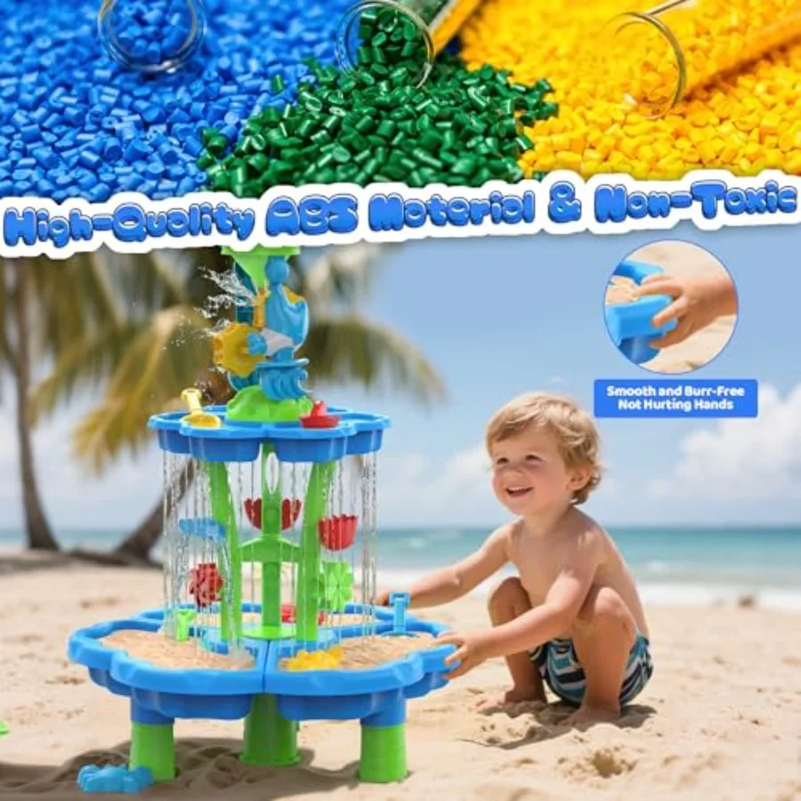 Outdoor water sand play table for toddlers, plastic, blue and yellow, 2-tier sensory activity with splash feature for summer pa view 5