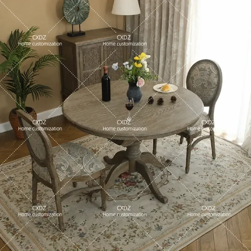 Country Style All Solid Wood Round Dining Table Household Retractable Large Table Retro Oak Dining Table and Chair Set