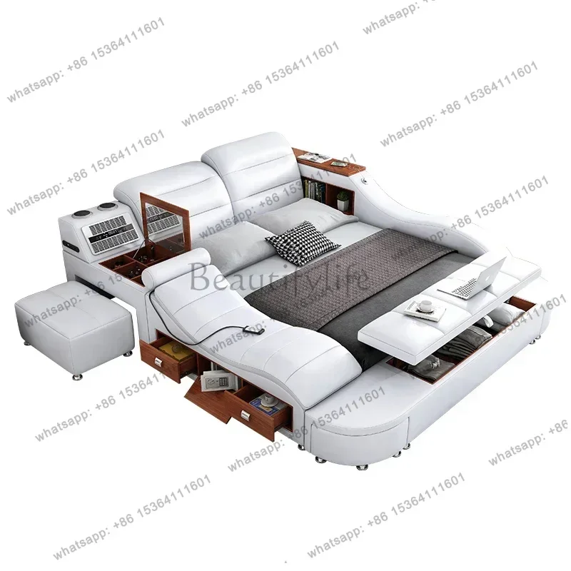 Projector European Style Bed Modern Nordic Wood Massage Bed Leather Comferter Lit Multifonctionnel Luxury Bedroom Set Furniture