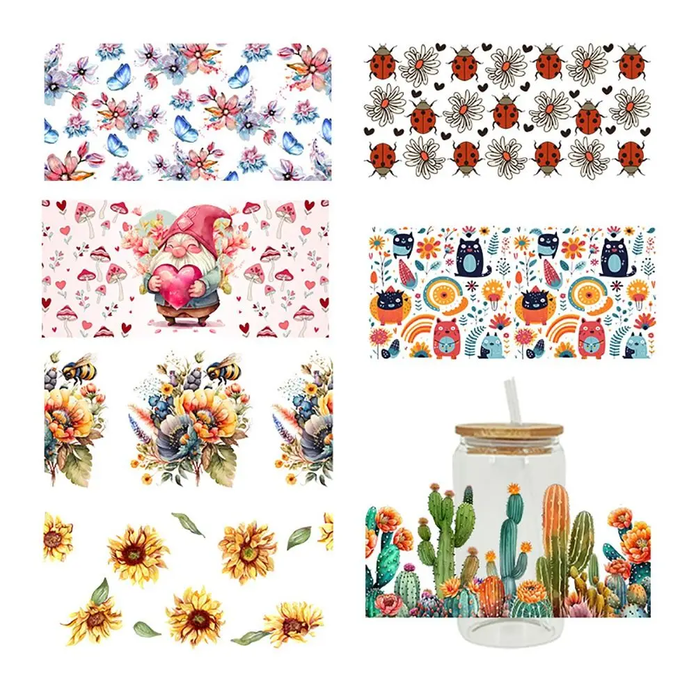 Flower Pattern UV DTF Transfer Sticker Strong Adhesion Waterproof Glass Cups Sticker Vibrant Colors Wide Application