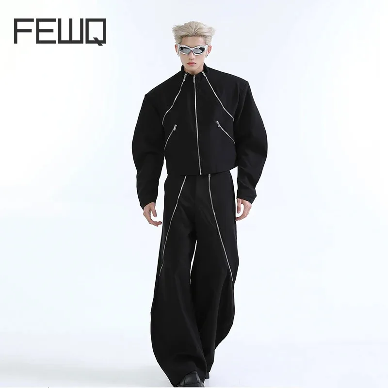 FEWQ Silhouette Multi Zipper Collarless Casual Jacket Loose Versatile Pants Set 2024 Solid Color Darkwear Male Sets 24E2229